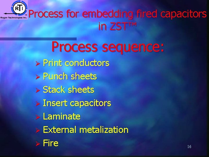 Process for embedding fired capacitors in ZST™ Process sequence: Ø Print conductors Ø Punch Process for embedding fired capacitors in ZST™ Process sequence: Ø Print conductors Ø Punch