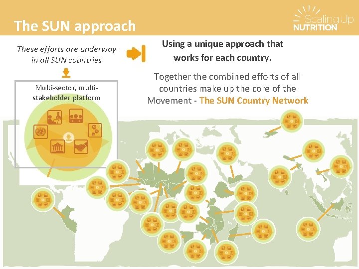 The SUN approach These efforts are underway in all SUN countries Multi-sector, multistakeholder platform The SUN approach These efforts are underway in all SUN countries Multi-sector, multistakeholder platform