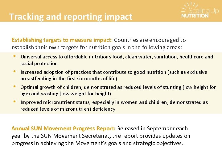 Tracking and reporting impact Establishing targets to measure impact: Countries are encouraged to establish Tracking and reporting impact Establishing targets to measure impact: Countries are encouraged to establish