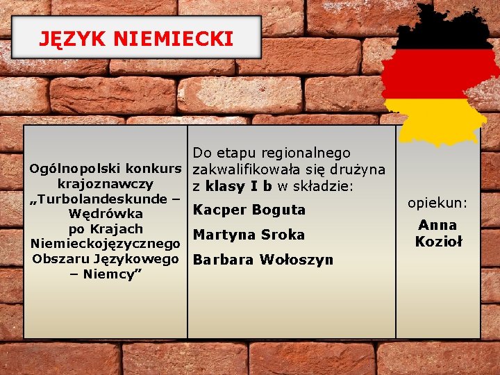 JĘZYK NIEMIECKI Do etapu regionalnego Ogólnopolski konkurs zakwalifikowała się drużyna ” krajoznawczy z klasy