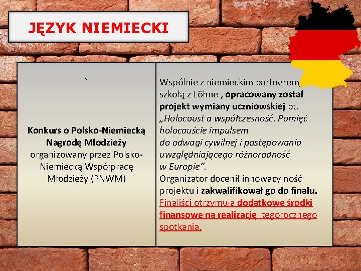 JĘZYK NIEMIECKI ` ” Konkurs o Polsko-Niemiecką Nagrodę Młodzieży organizowany przez Polsko. Niemiecką Współpracę