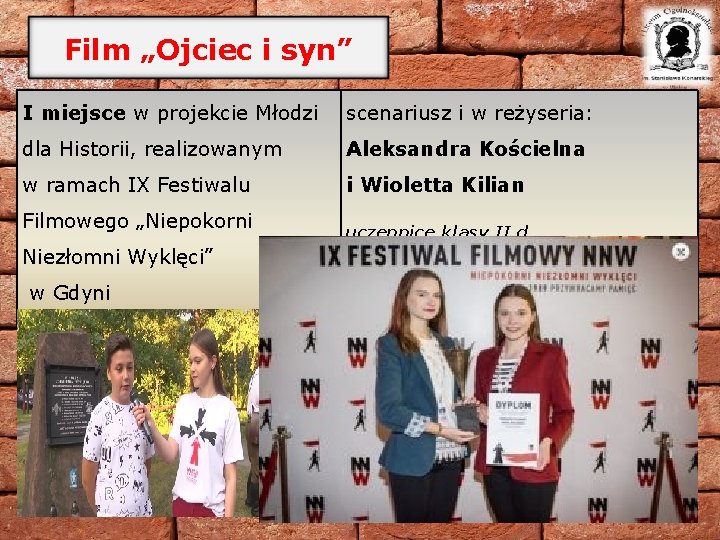 Film „Ojciec i syn” I miejsce w projekcie Młodzi scenariusz i w reżyseria: dla