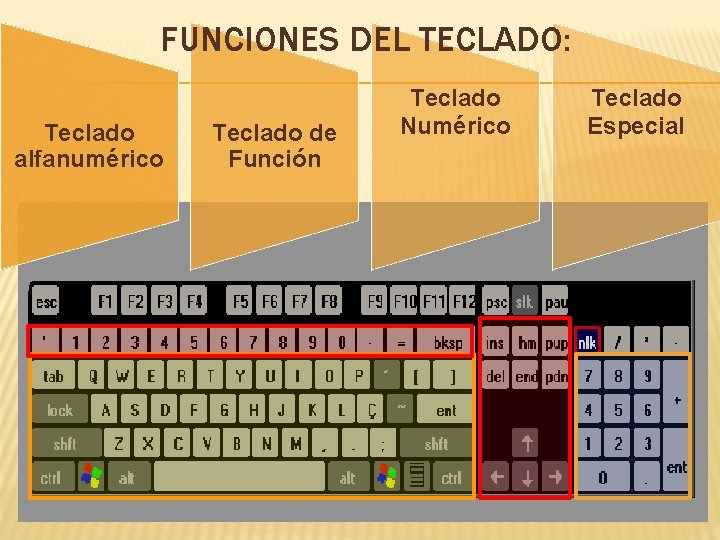 FUNCIONES DEL TECLADO: Teclado alfanumérico Teclado de Función Teclado Numérico Teclado Especial 