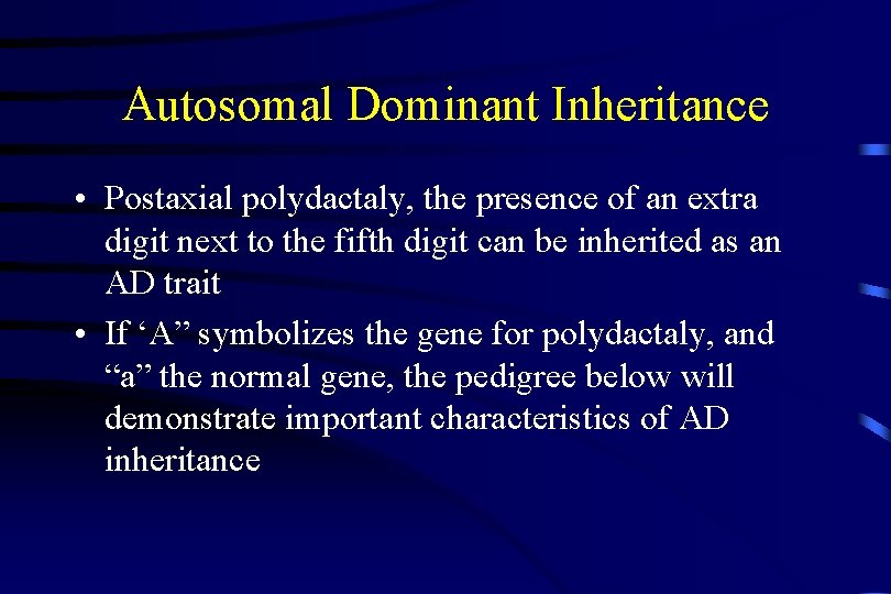 Autosomal Dominant Inheritance • Postaxial polydactaly, the presence of an extra digit next to