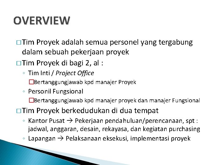 OVERVIEW � Tim Proyek adalah semua personel yang tergabung dalam sebuah pekerjaan proyek �