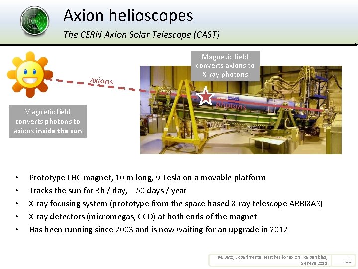 Axion helioscopes The CERN Axion Solar Telescope (CAST) axions Magnetic field converts photons to