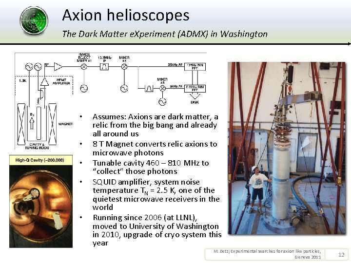 Axion helioscopes The Dark Matter e. Xperiment (ADMX) in Washington • • • Assumes: