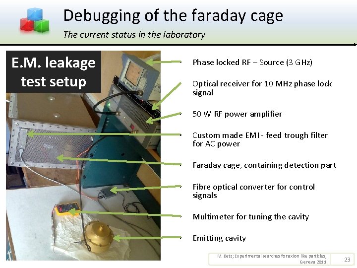 Debugging of the faraday cage The current status in the laboratory E. M. leakage