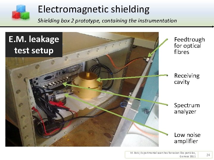 Electromagnetic shielding Shielding box 2 prototype, containing the instrumentation E. M. leakage test setup