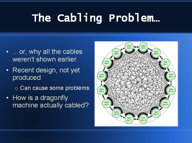 The Cabling Problem… • …or, why all the cables weren’t shown earlier. • Recent