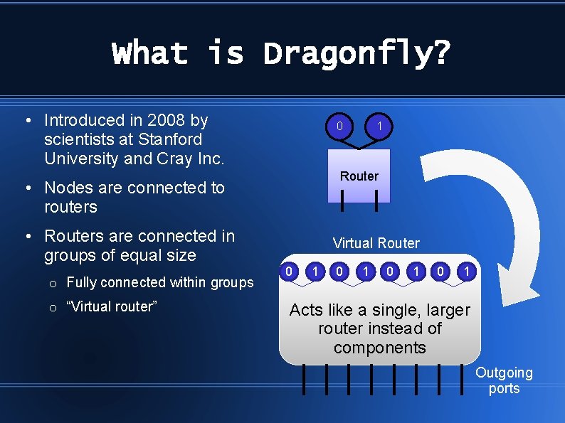 What is Dragonfly? • Introduced in 2008 by scientists at Stanford University and Cray