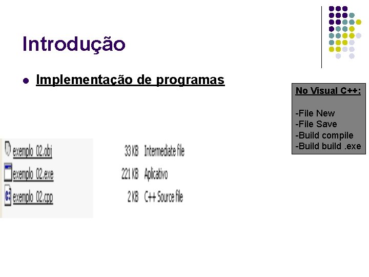 Introdução l Implementação de programas No Visual C++: -File New -File Save -Build compile