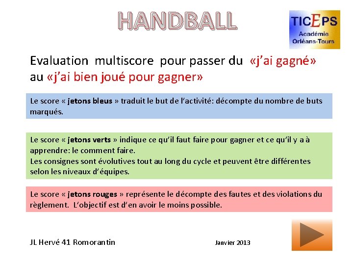 HANDBALL Evaluation multiscore pour passer du «j’ai gagné» au «j’ai bien joué pour gagner»