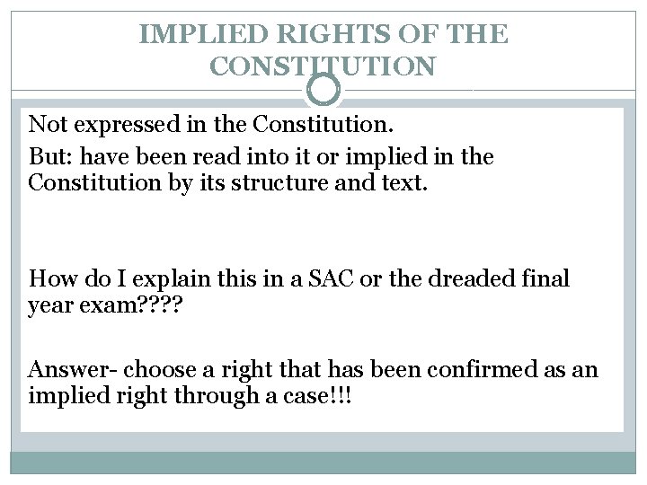 IMPLIED RIGHTS OF THE CONSTITUTION Not expressed in the Constitution. But: have been read