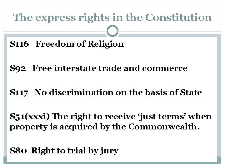 The express rights in the Constitution S 116 Freedom of Religion S 92 Free