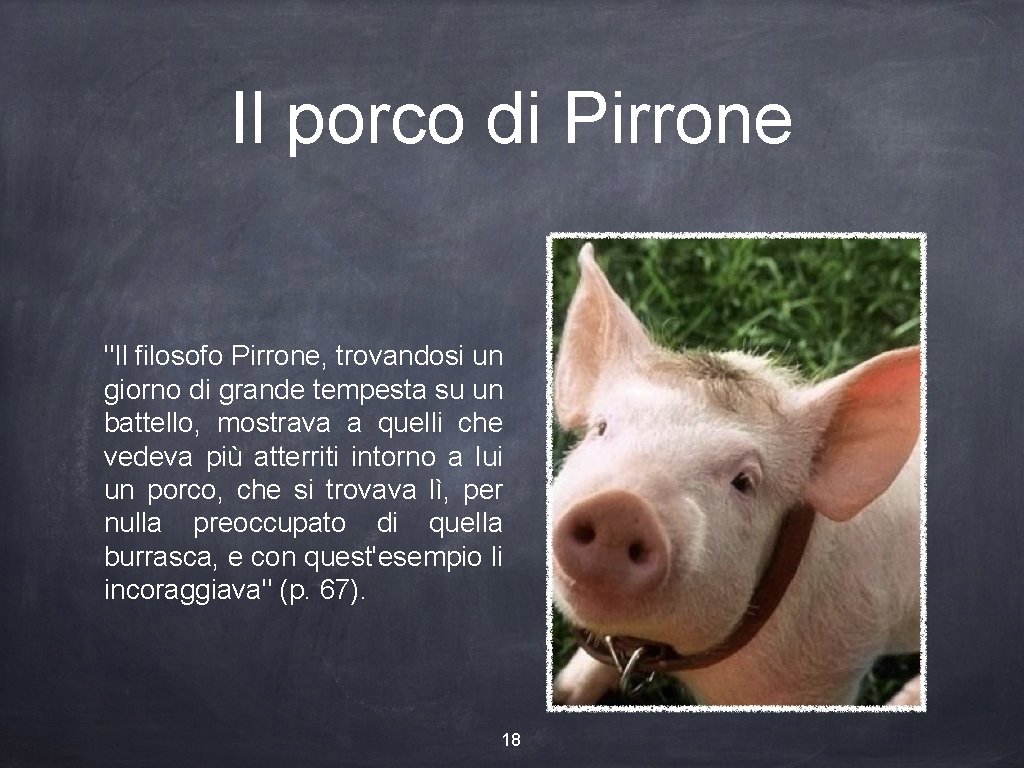 Il porco di Pirrone "Il filosofo Pirrone, trovandosi un giorno di grande tempesta su