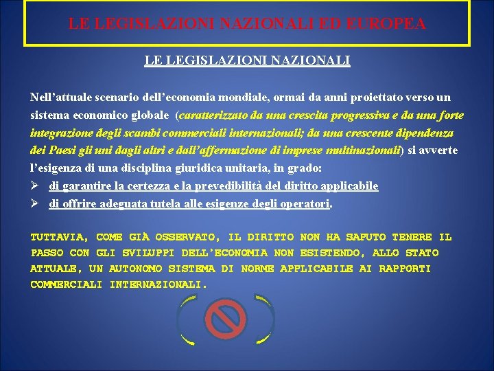 LE LEGISLAZIONI NAZIONALI ED EUROPEA LE LEGISLAZIONI NAZIONALI Nell’attuale scenario dell’economia mondiale, ormai da