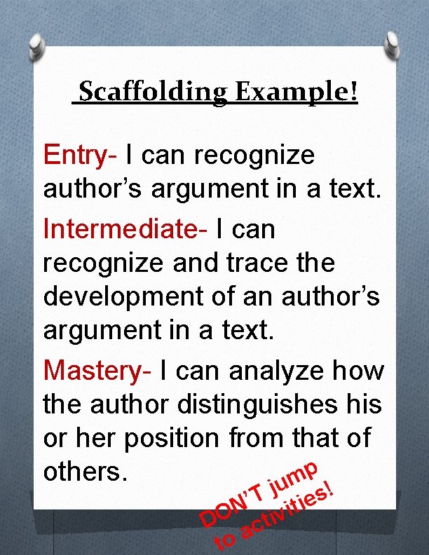 Scaffolding Example! Entry- I can recognize author’s argument in a text. Intermediate- I can