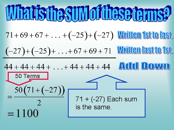 50 Terms 71 + (-27) Each sum is the same. 