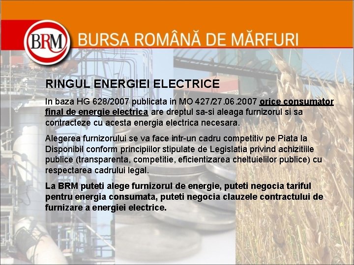 RINGUL ENERGIEI ELECTRICE In baza HG 628/2007 publicata in MO 427/27. 06. 2007 orice