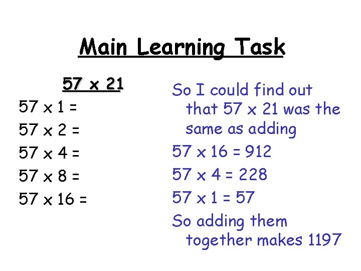 Main Learning Task 57 x 21 57 x 1 = 57 x 2 =