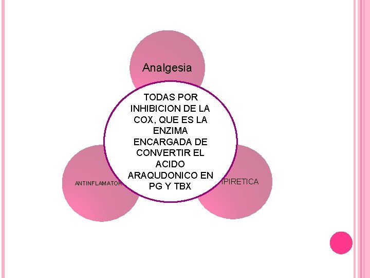 Analgesia TODAS POR INHIBICION DE LA COX, QUE ES LA ENZIMA ENCARGADA ACCIONESDE CONVERTIR Analgesia TODAS POR INHIBICION DE LA COX, QUE ES LA ENZIMA ENCARGADA ACCIONESDE CONVERTIR