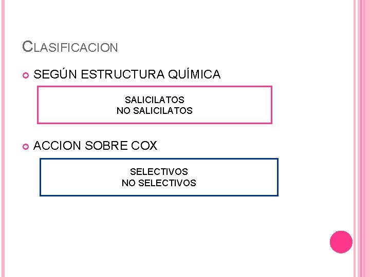 CLASIFICACION SEGÚN ESTRUCTURA QUÍMICA SALICILATOS NO SALICILATOS ACCION SOBRE COX SELECTIVOS NO SELECTIVOS CLASIFICACION SEGÚN ESTRUCTURA QUÍMICA SALICILATOS NO SALICILATOS ACCION SOBRE COX SELECTIVOS NO SELECTIVOS