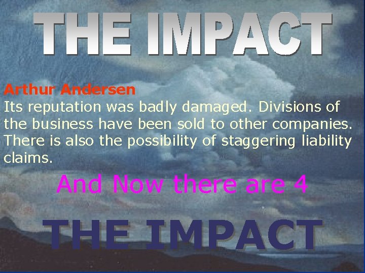 Arthur Andersen Its reputation was badly damaged. Divisions of the business have been sold Arthur Andersen Its reputation was badly damaged. Divisions of the business have been sold