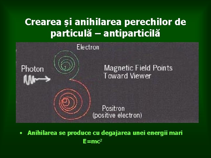 Crearea și anihilarea perechilor de particulă – antiparticilă • Anihilarea se produce cu degajarea