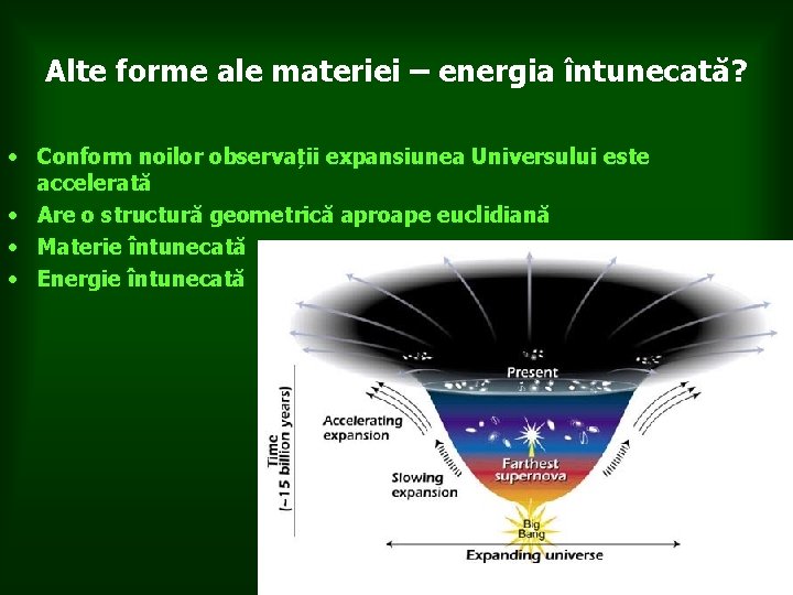 Alte forme ale materiei – energia întunecată? • Conform noilor observații expansiunea Universului este