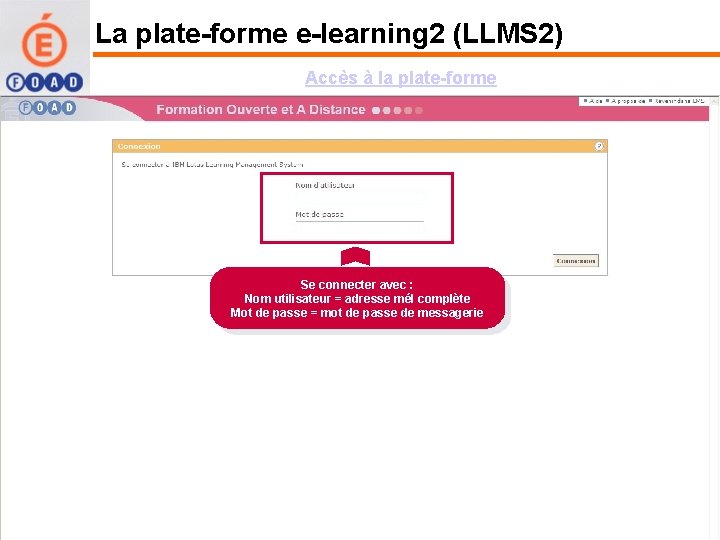 La plate-forme e-learning 2 (LLMS 2) Accès à la plate-forme Se connecter avec :
