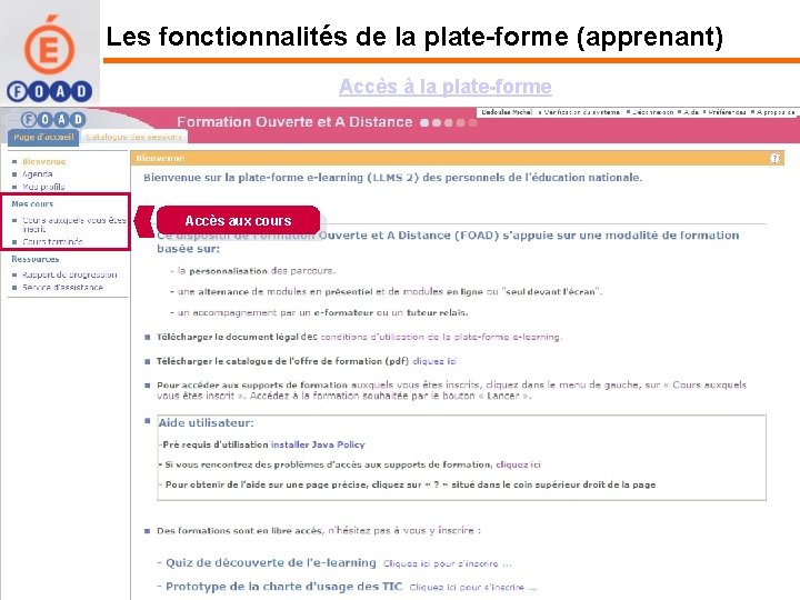 Les fonctionnalités de la plate-forme (apprenant) Accès à la plate-forme Accès aux cours 