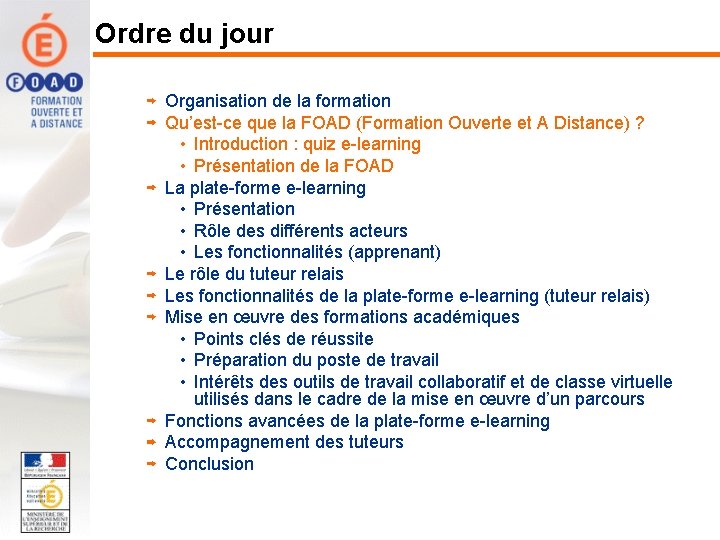 Ordre du jour Organisation de la formation Qu’est-ce que la FOAD (Formation Ouverte et