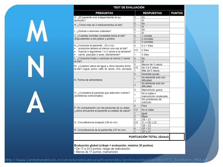 M N A http: //www. juntadeandalucia. es/servicioandaluzdesalud/contenidos/gestioncalidad/Cuest. Enf/PT 2_Eval. Nutric_MNA. pdf 