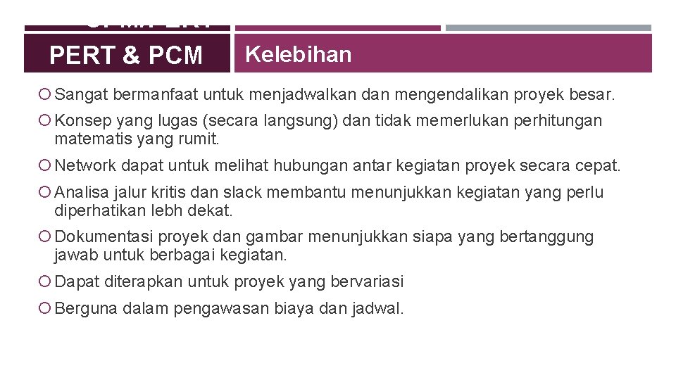 CPM/PERT & PCM Kelebihan Sangat bermanfaat untuk menjadwalkan dan mengendalikan proyek besar. Konsep yang