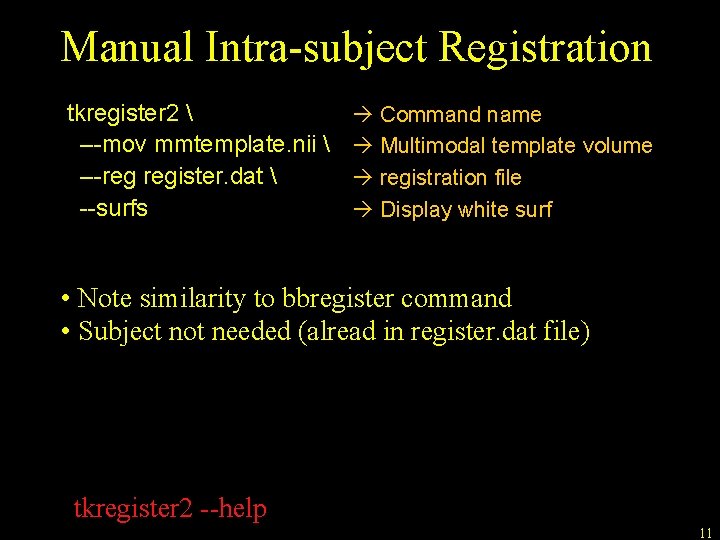 Manual Intra-subject Registration tkregister 2  –-mov mmtemplate. nii  –-reg register. dat 