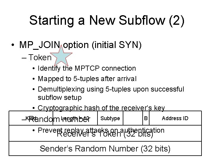 Starting a New Subflow (2) • MP_JOIN option (initial SYN) – Token • Identify