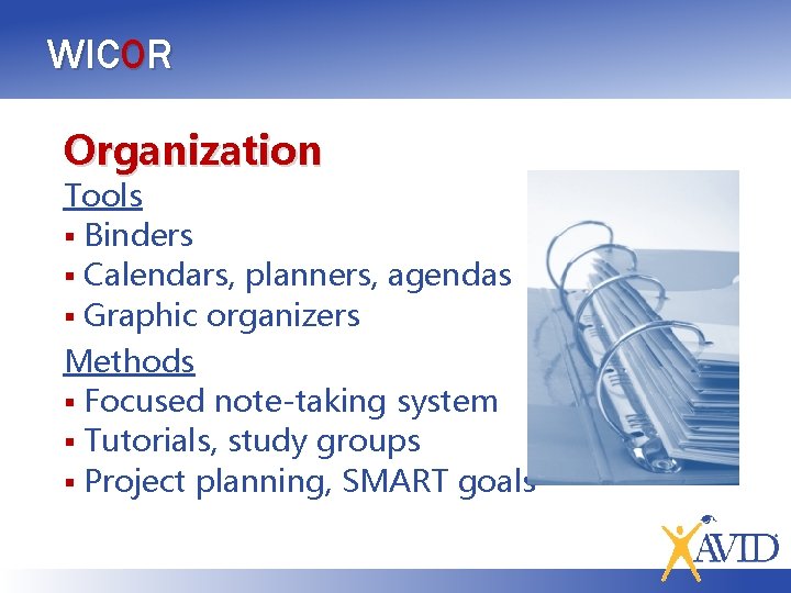 WICOR Organization Tools § Binders § Calendars, planners, agendas § Graphic organizers Methods §
