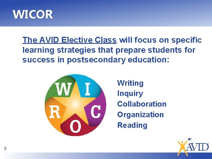 WICOR The AVID Elective Class will focus on specific learning strategies that prepare students