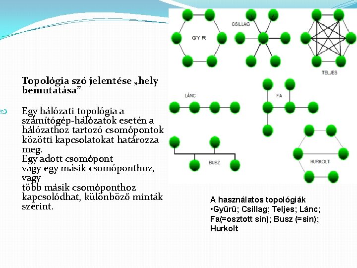  Topológia szó jelentése „hely bemutatása” Egy hálózati topológia a számítógép-hálózatok esetén a hálózathoz