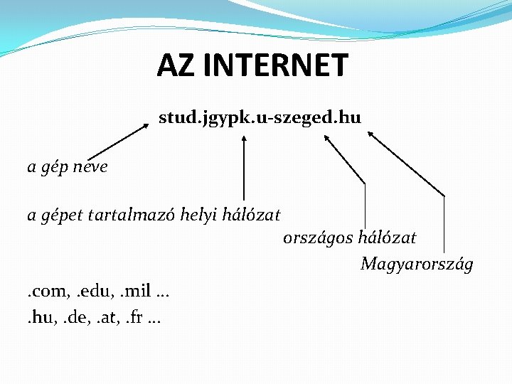 AZ INTERNET stud. jgypk. u-szeged. hu a gép neve a gépet tartalmazó helyi hálózat