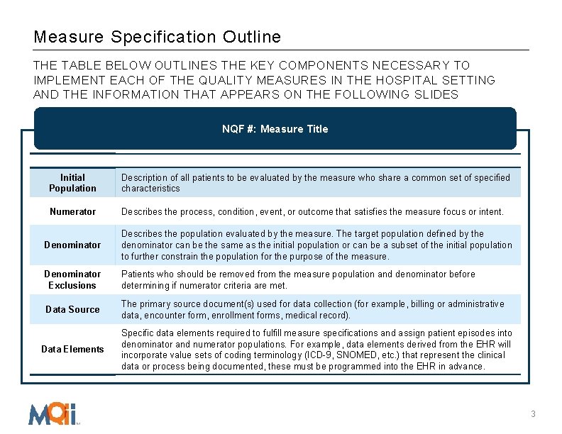 Measure Specification Outline THE TABLE BELOW OUTLINES THE KEY COMPONENTS NECESSARY TO IMPLEMENT EACH