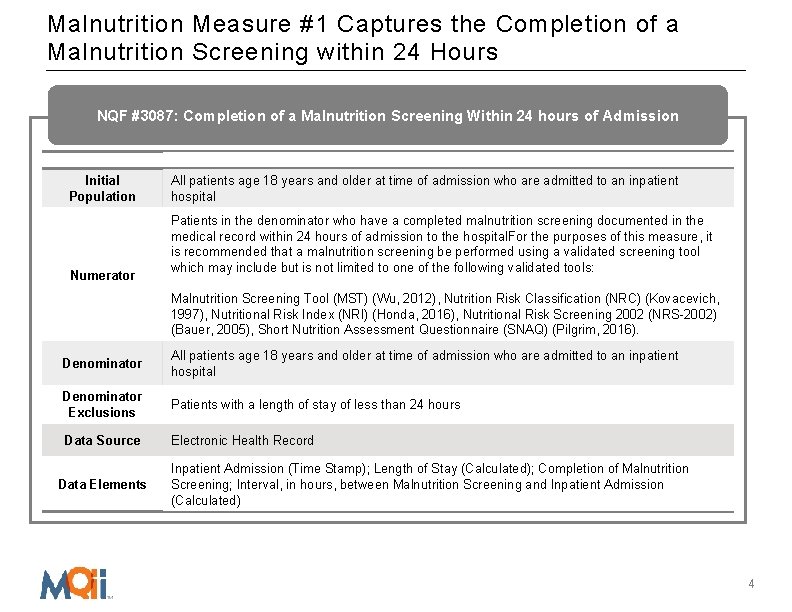 Malnutrition Measure #1 Captures the Completion of a Malnutrition Screening within 24 Hours NQF