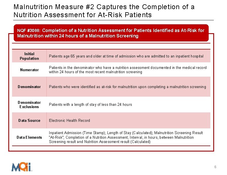 Malnutrition Measure #2 Captures the Completion of a Nutrition Assessment for At-Risk Patients NQF