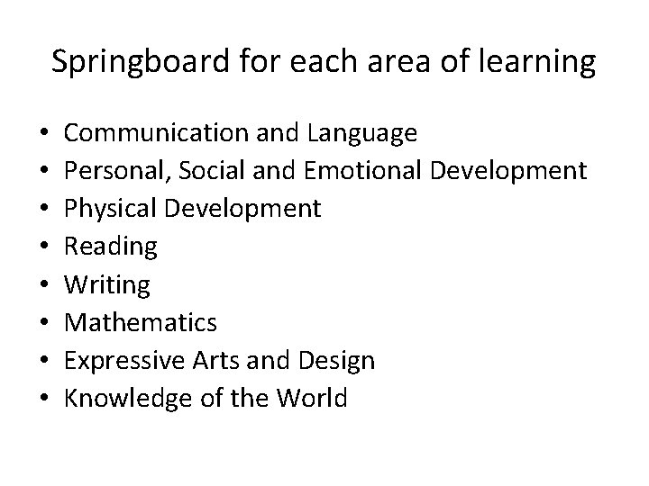 Springboard for each area of learning • • Communication and Language Personal, Social and