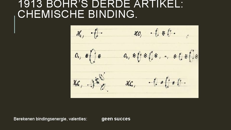 1913 BOHR’S DERDE ARTIKEL: CHEMISCHE BINDING. Berekenen bindingsenergie, valenties: geen succes 
