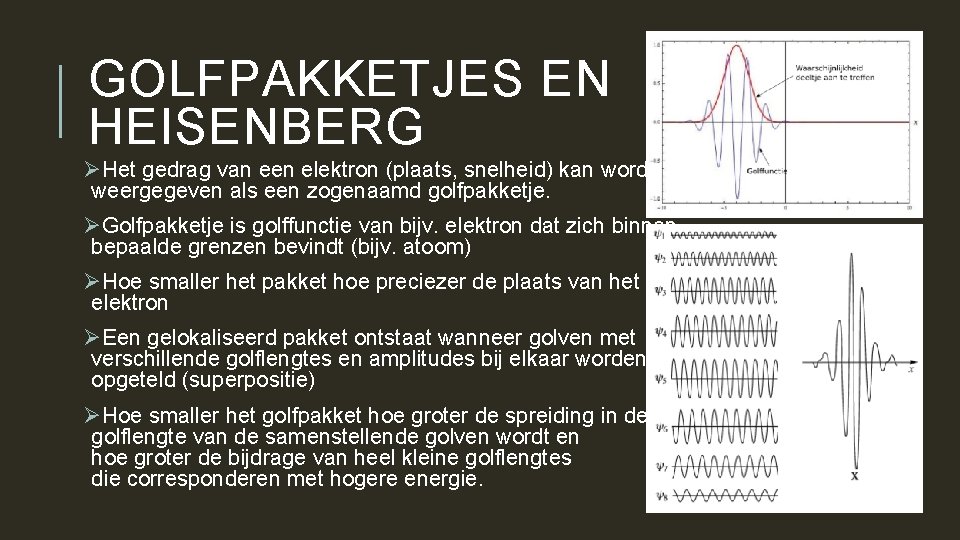 GOLFPAKKETJES EN HEISENBERG ØHet gedrag van een elektron (plaats, snelheid) kan worden weergegeven als