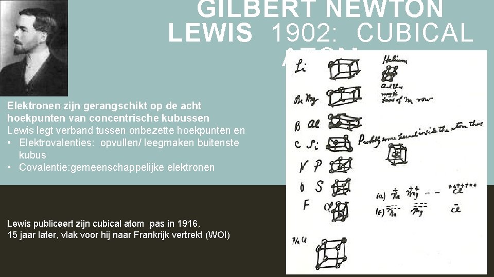 GILBERT NEWTON LEWIS 1902: CUBICAL ATOM Elektronen zijn gerangschikt op de acht hoekpunten van