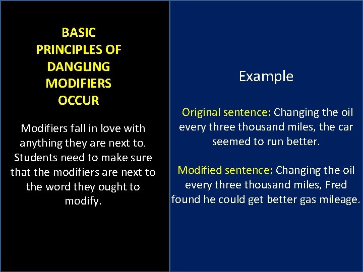 BASIC PRINCIPLES OF DANGLING MODIFIERS OCCUR Modifiers fall in love with anything they are