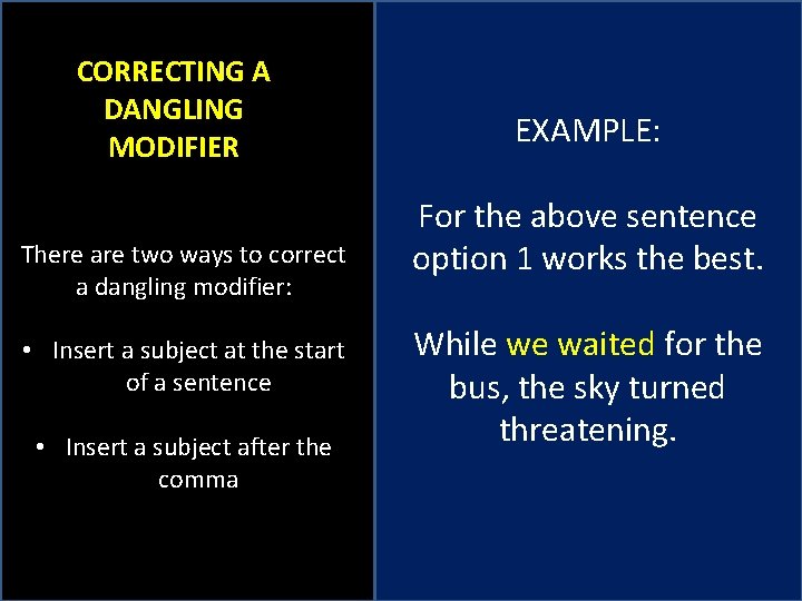 CORRECTING A DANGLING MODIFIER There are two ways to correct a dangling modifier: •